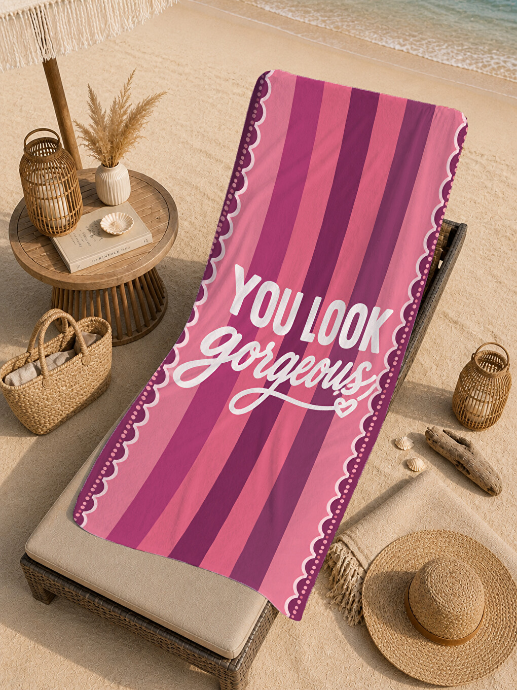 Retro You Look Gorgeous Yazılı Pembe Çizgili Desenli 70x150 Plaj Havlusu - Pamuklu Banyo Havlusu-3