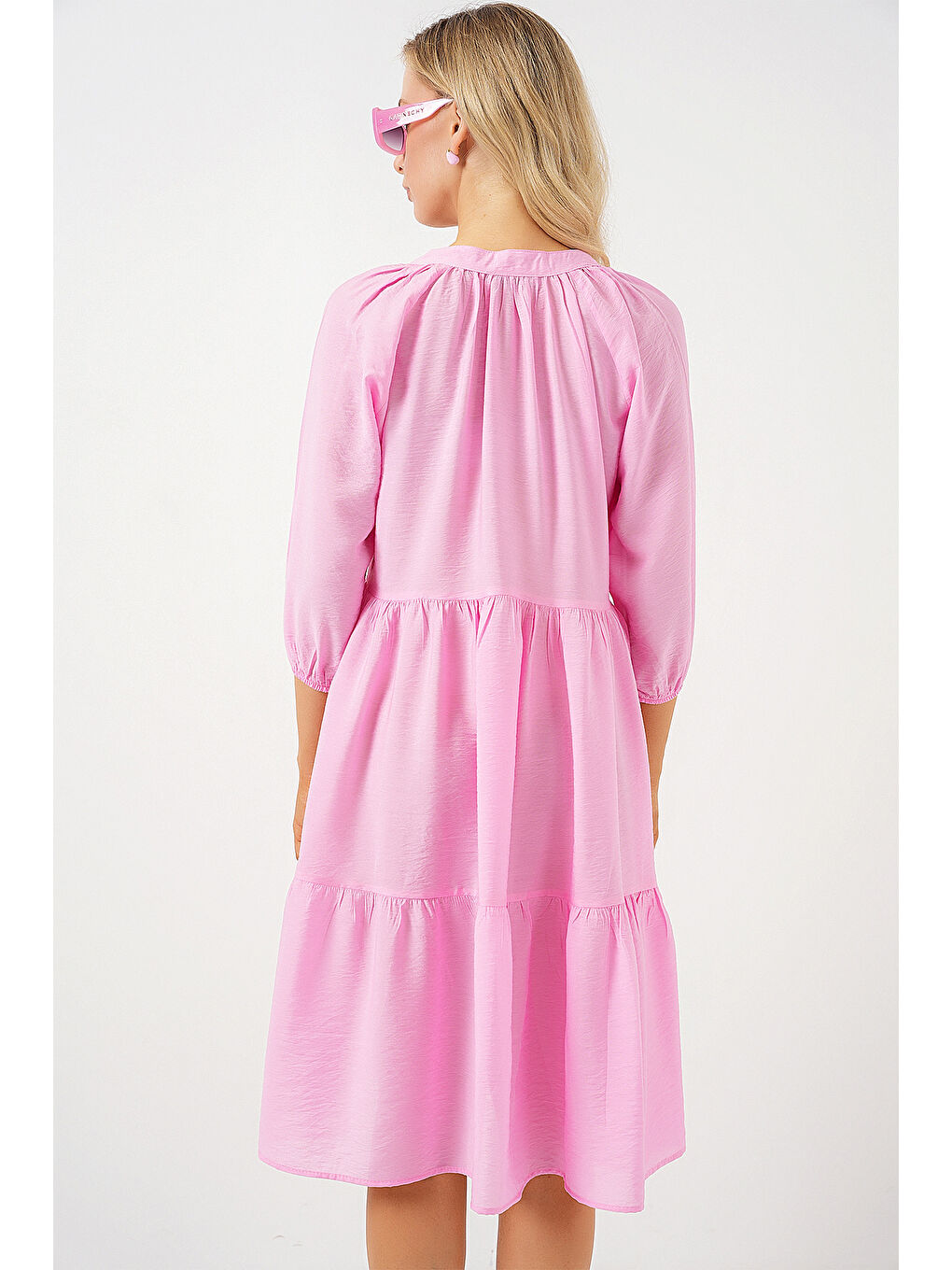 Kadın Düğmeli Kısa Kol Elbise 2559 - Pembe-5