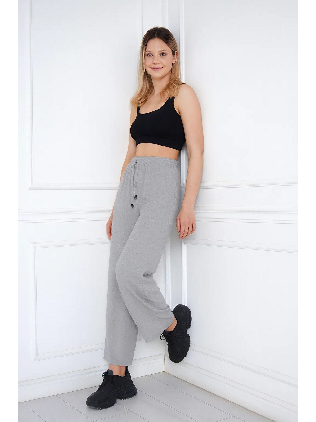 Gri Kadın Aerobin Geniş Paça Palazzo Bel Lastikli Pantolon-3