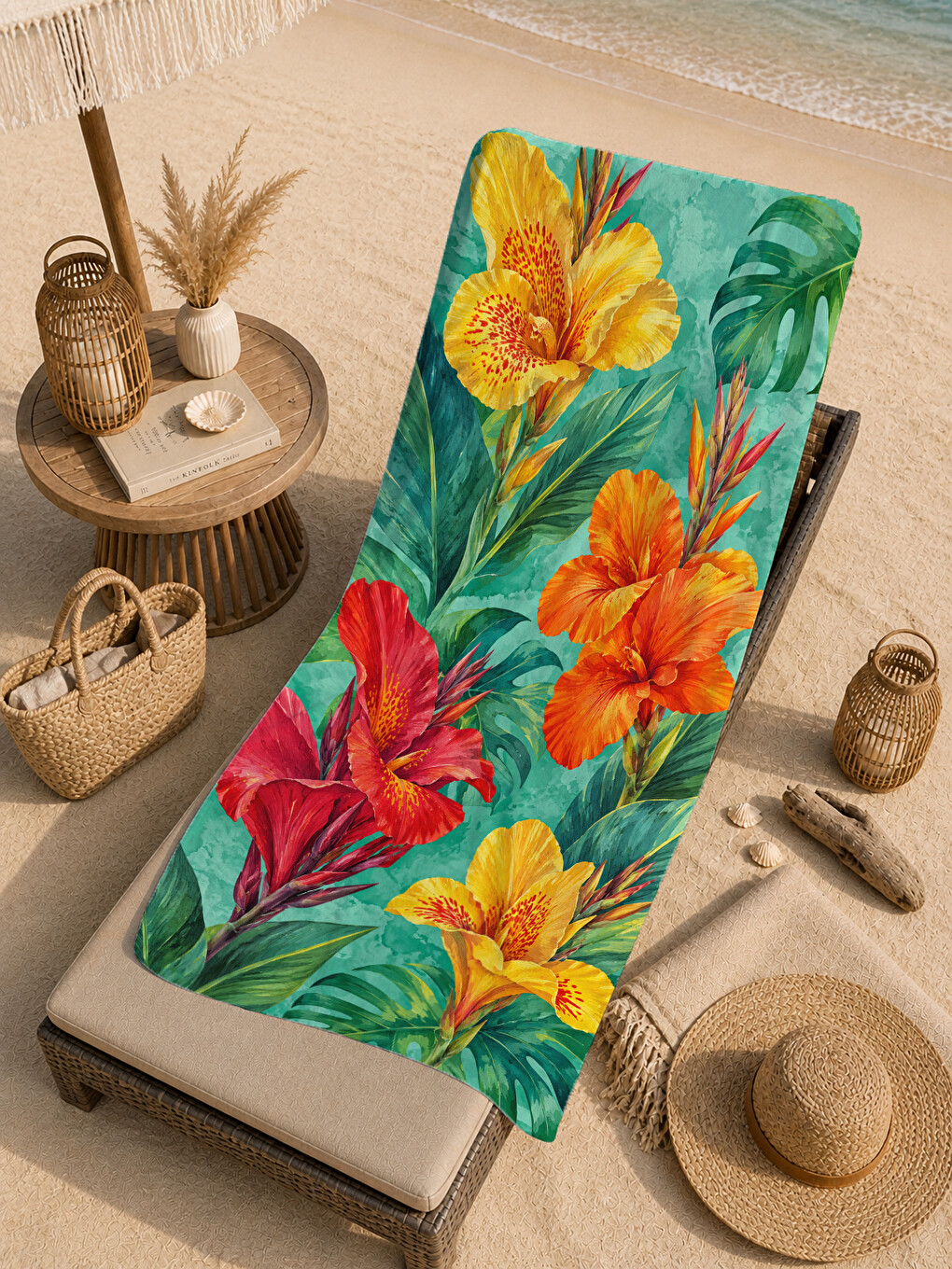 Tropikal Turuncu Sarı Hibiskus Çiçekli Desenli 70x150 Plaj Havlusu - Pamuklu Banyo Havlusu-1