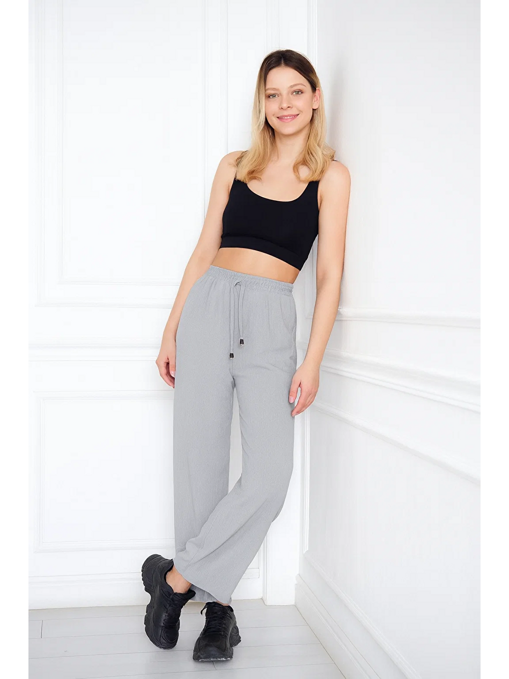 Gri Kadın Aerobin Geniş Paça Palazzo Bel Lastikli Pantolon-4