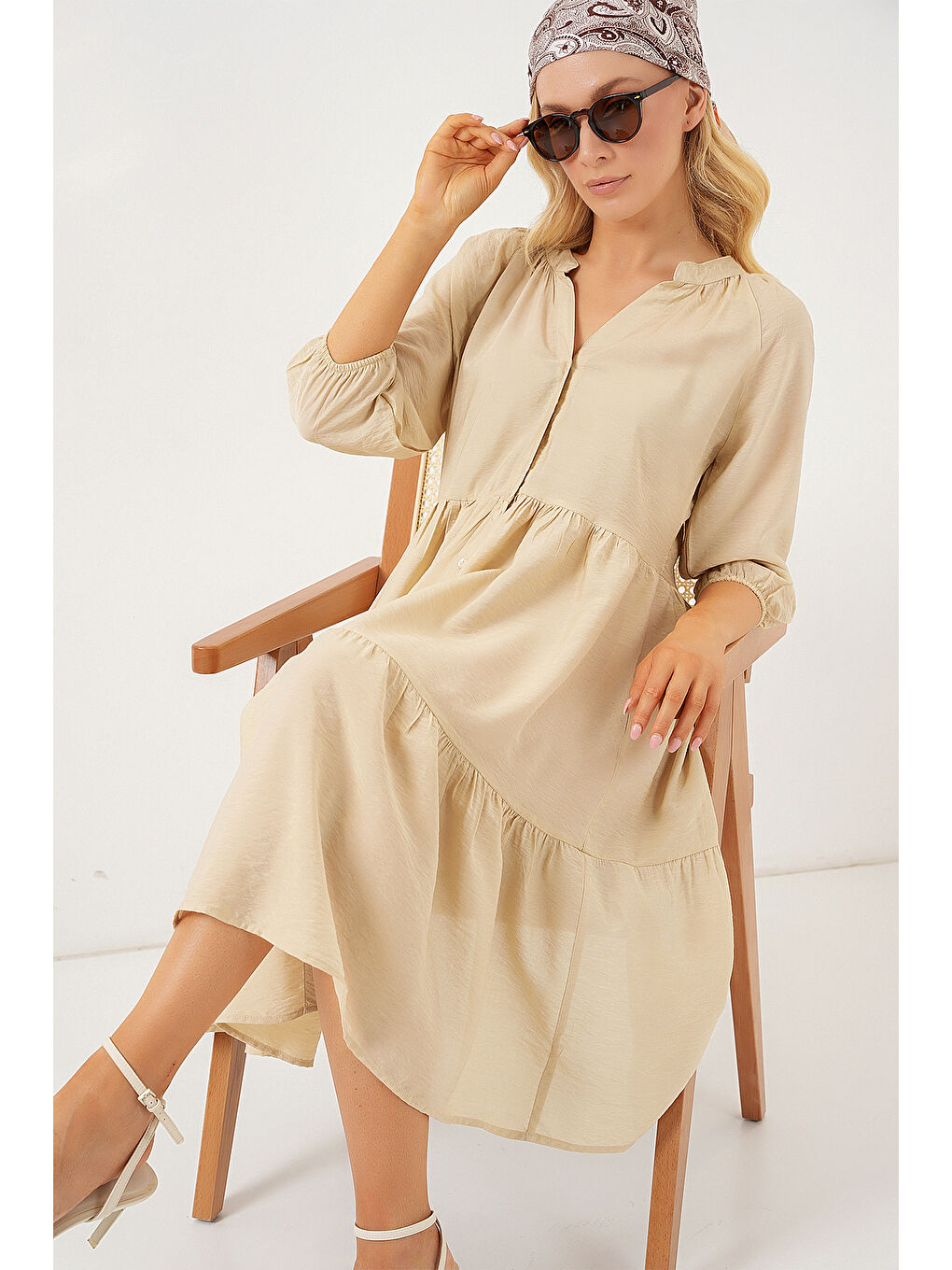 Ekru Kadın Düğmeli Kısa Kol Elbise 2559 - Krem