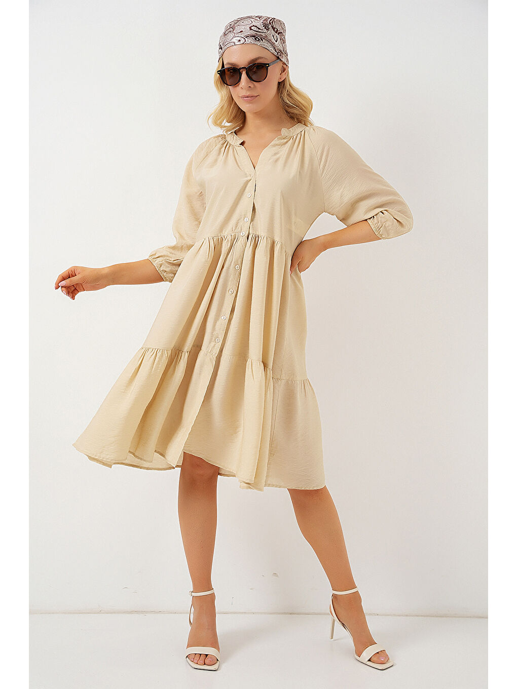 Ekru Kadın Düğmeli Kısa Kol Elbise 2559 - Krem-1