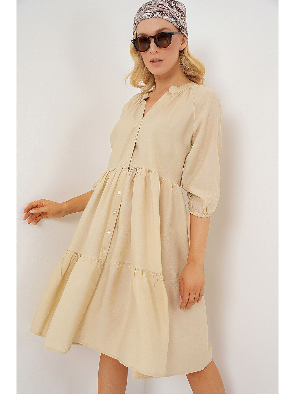 Ekru Kadın Düğmeli Kısa Kol Elbise 2559 - Krem-3