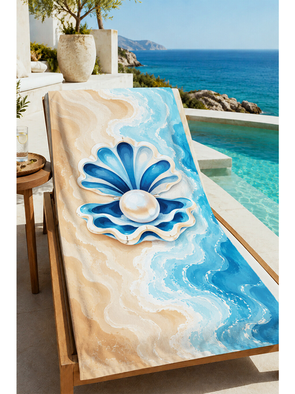 Turkuaz Pastel İnci Deniz Kabuğu Ve Okyanus Dalga Desenli 70x150 Plaj Havlusu - Pamuklu Banyo Havlusu-3