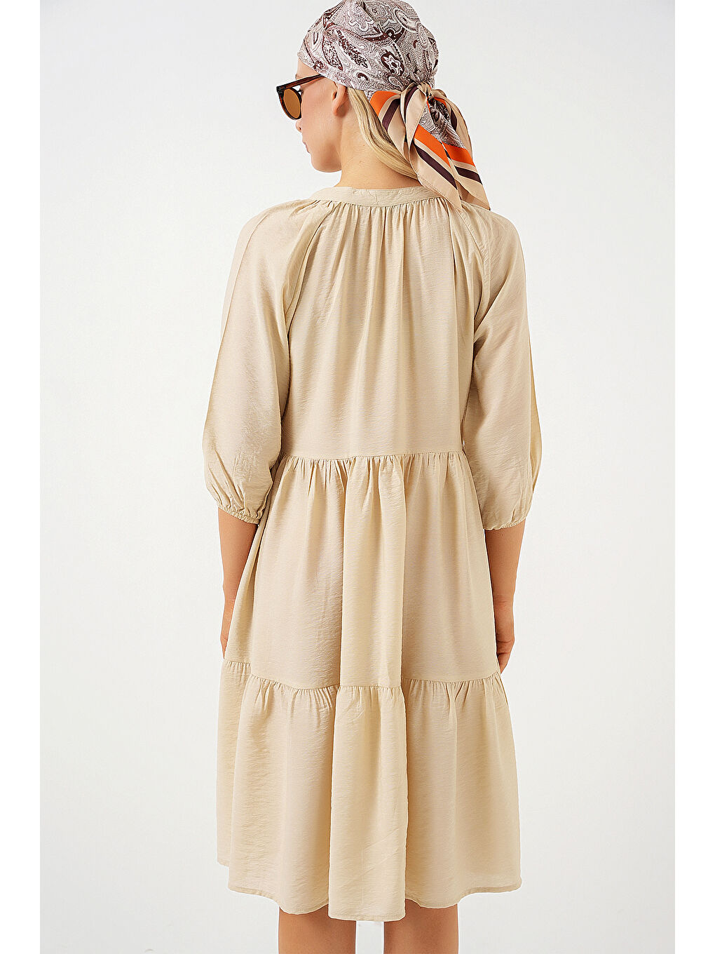 Ekru Kadın Düğmeli Kısa Kol Elbise 2559 - Krem-5