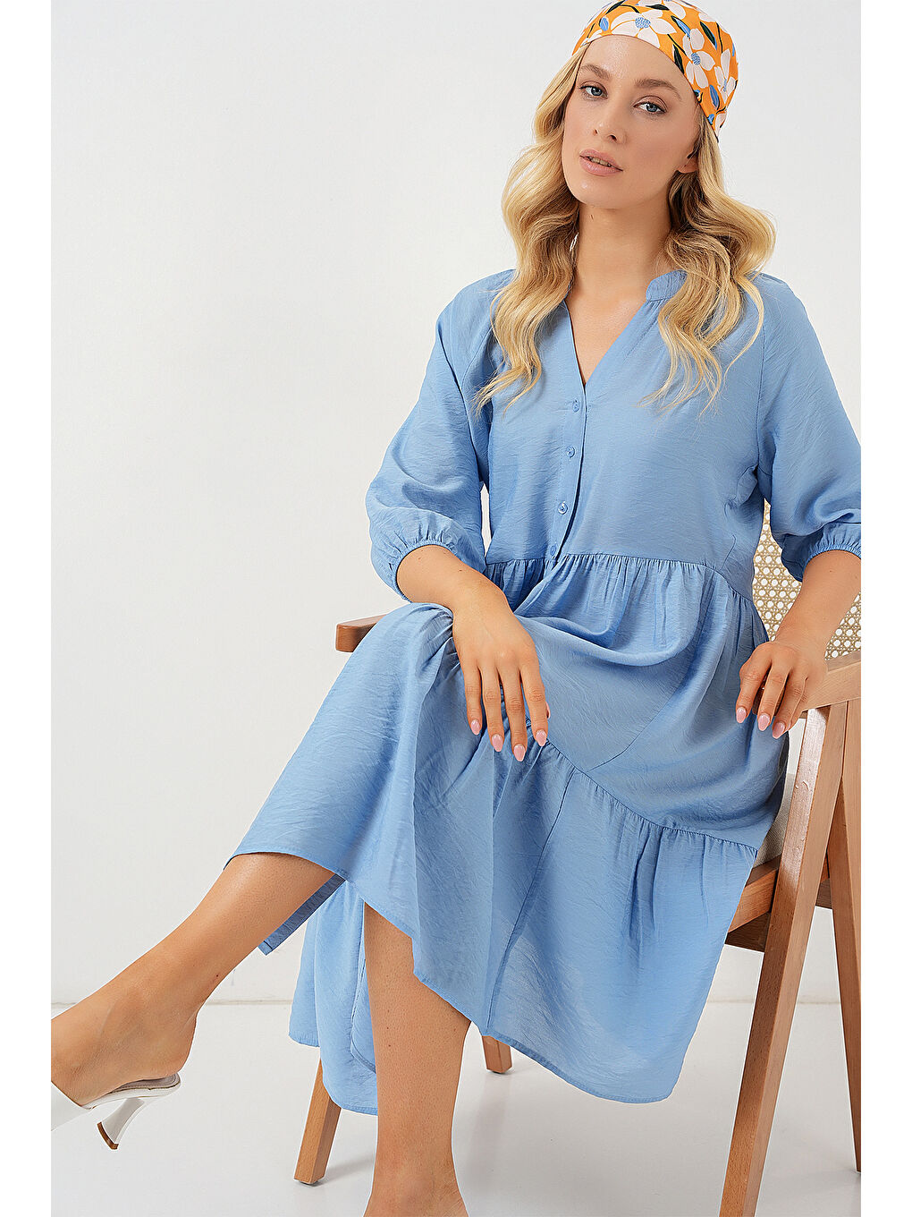 Kadın Düğmeli Kısa Kol Elbise 2559 - İndigo-1