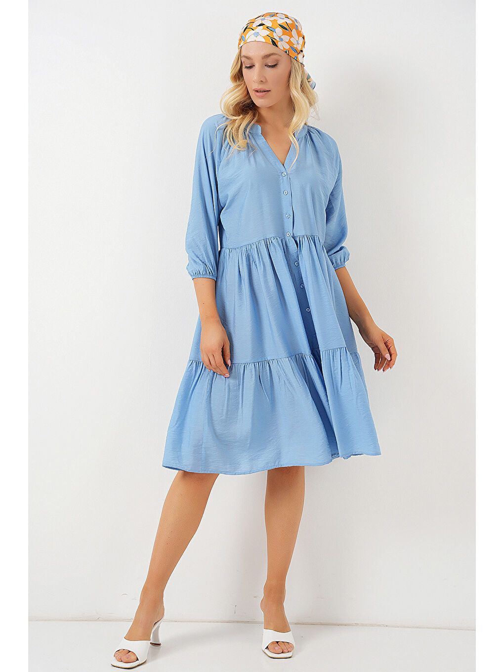 Kadın Düğmeli Kısa Kol Elbise 2559 - İndigo-2