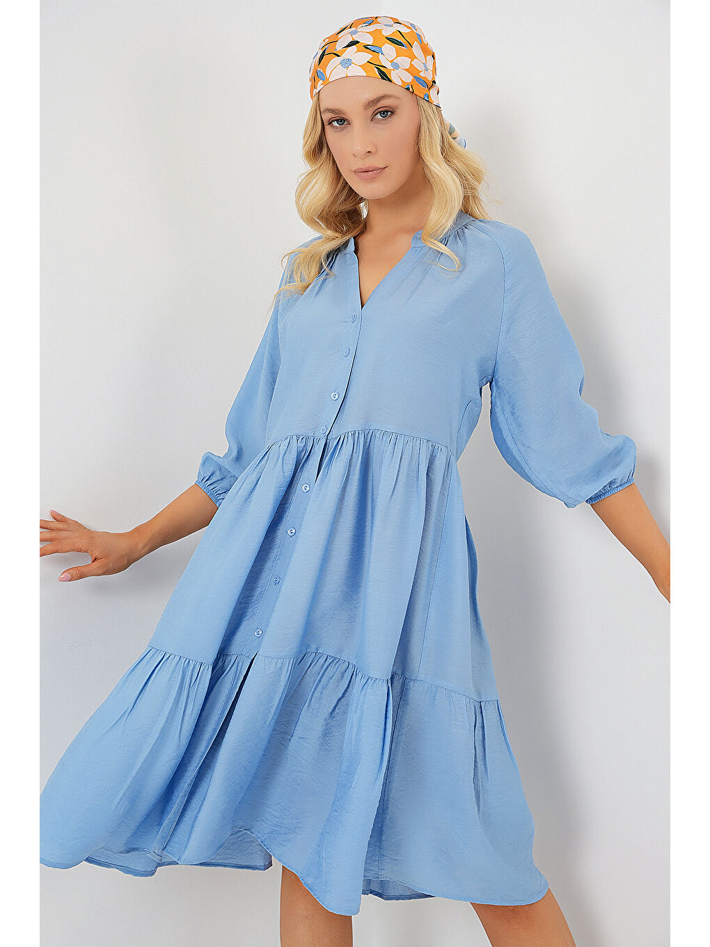 Kadın Düğmeli Kısa Kol Elbise 2559 - İndigo-3