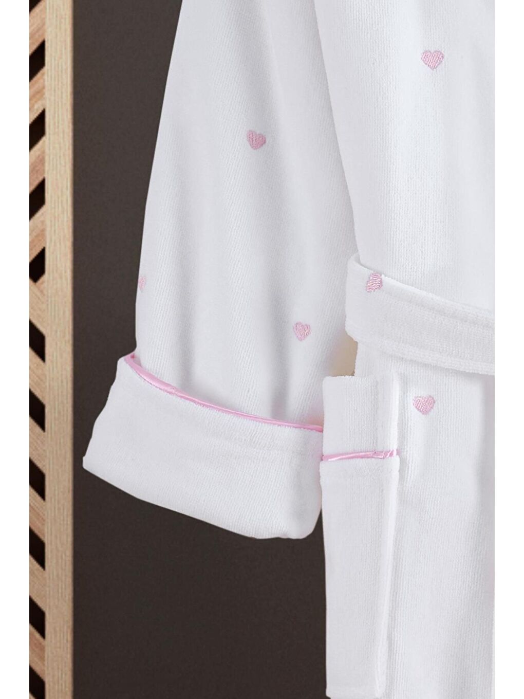 Pembe Kalpli Nakışlı %100 Pamuk Love Serisi Bornoz-PUDRA-S/M-L/XL-1