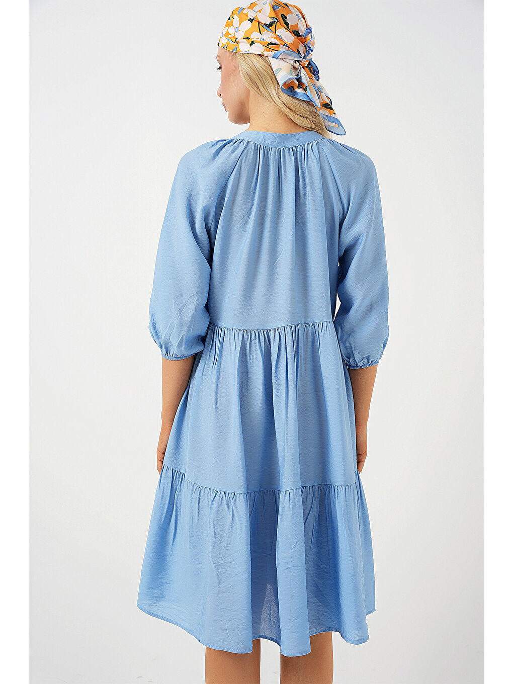 Kadın Düğmeli Kısa Kol Elbise 2559 - İndigo-5