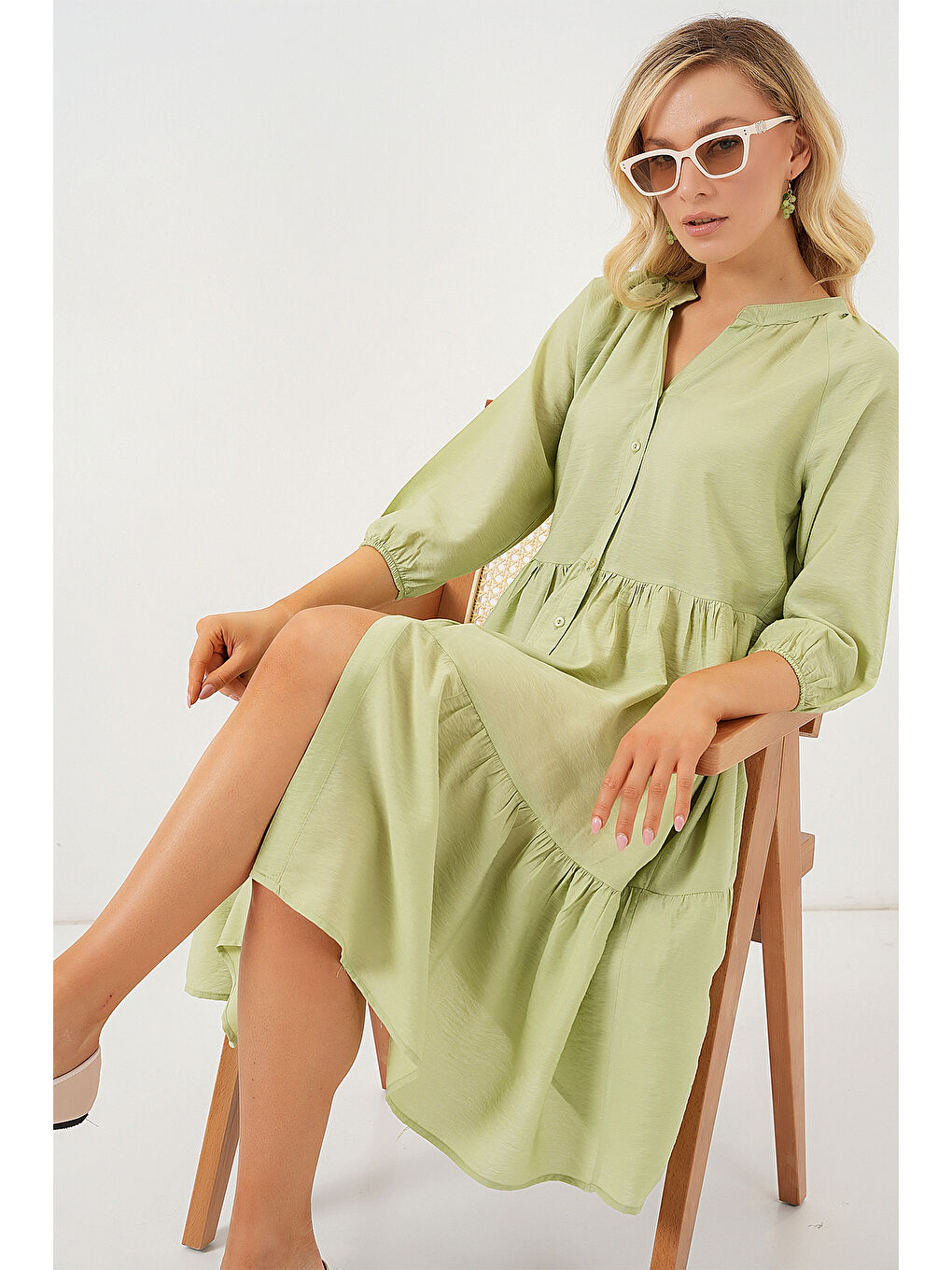 Kadın Düğmeli Kısa Kol Elbise 2559 - E.Yeşil-1