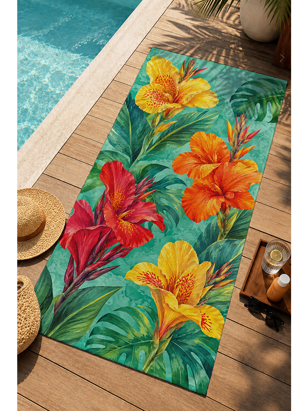 Tropikal Turuncu Sarı Hibiskus Çiçekli Desenli 70x150 Plaj Havlusu - Pamuklu Banyo Havlusu-4