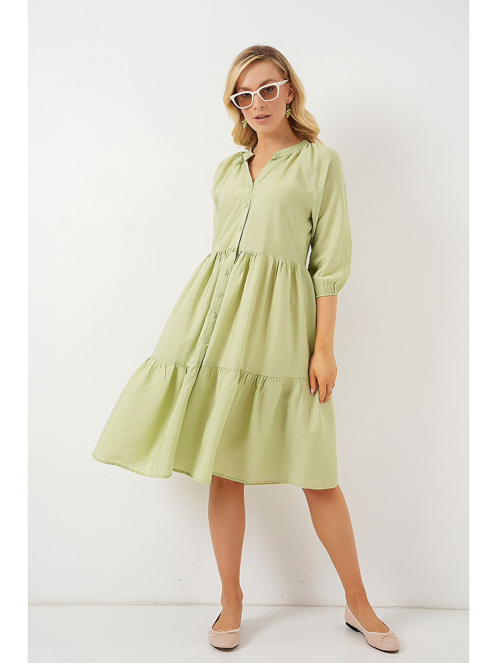 Kadın Düğmeli Kısa Kol Elbise 2559 - E.Yeşil-2