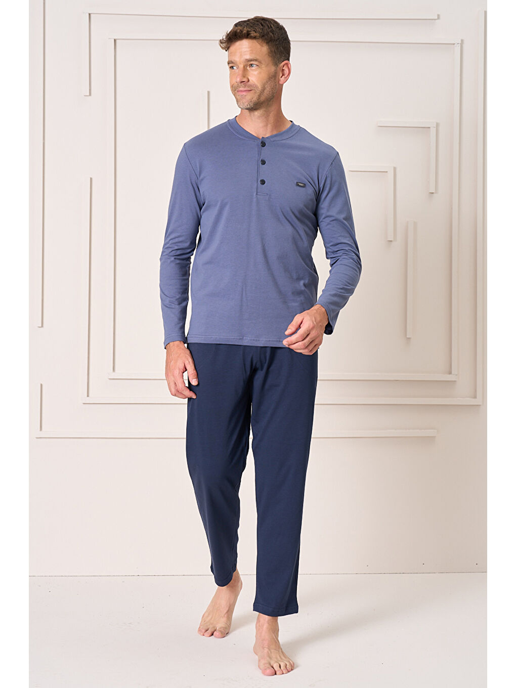 Erkek Pamuk Uzun Kol Pijama Takımı 4103 İndigo-2
