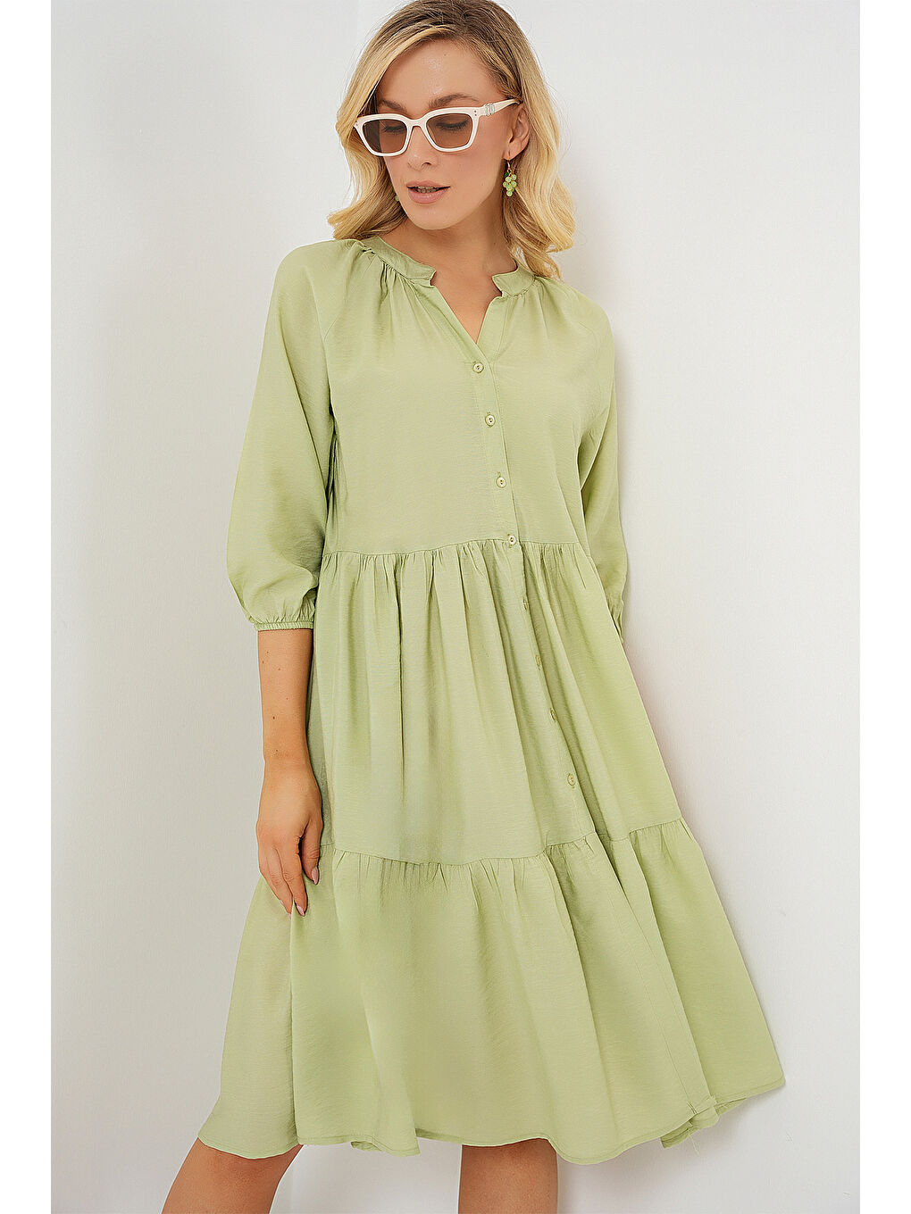 Kadın Düğmeli Kısa Kol Elbise 2559 - E.Yeşil-3