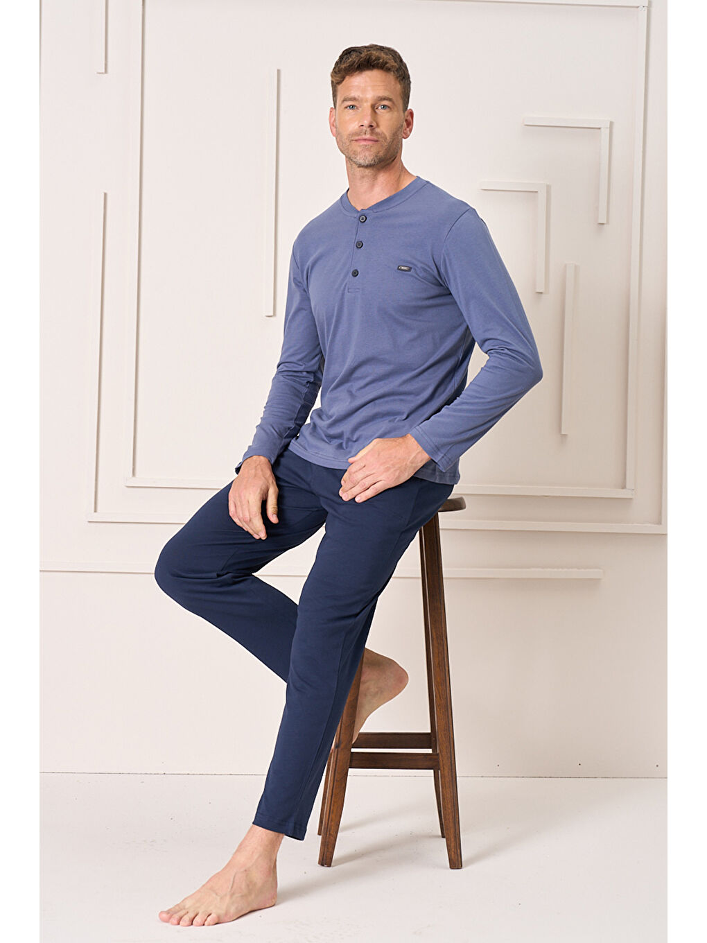 Erkek Pamuk Uzun Kol Pijama Takımı 4103 İndigo-3
