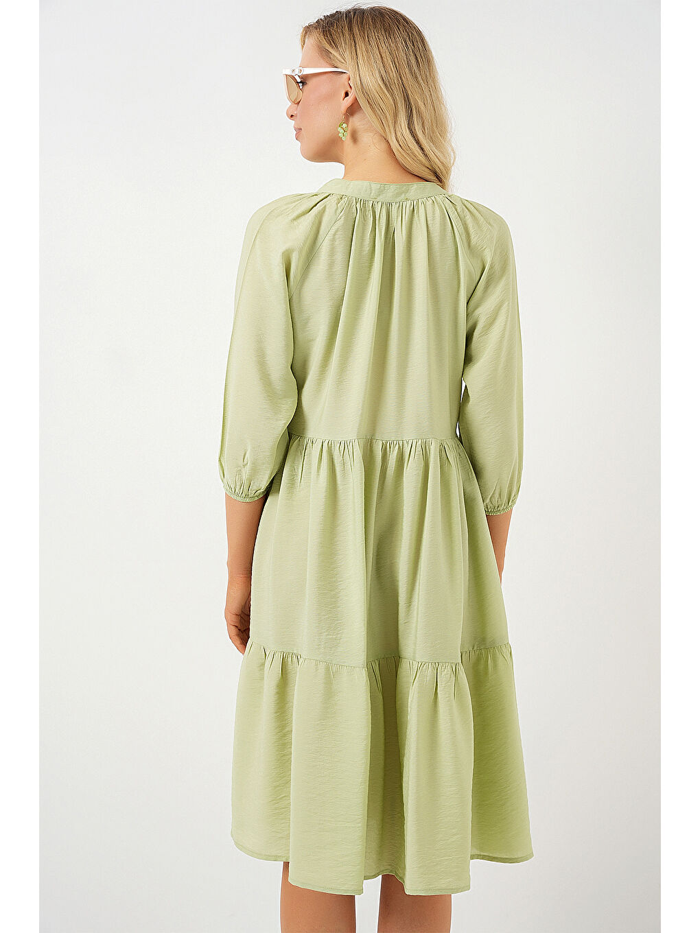 Kadın Düğmeli Kısa Kol Elbise 2559 - E.Yeşil-5