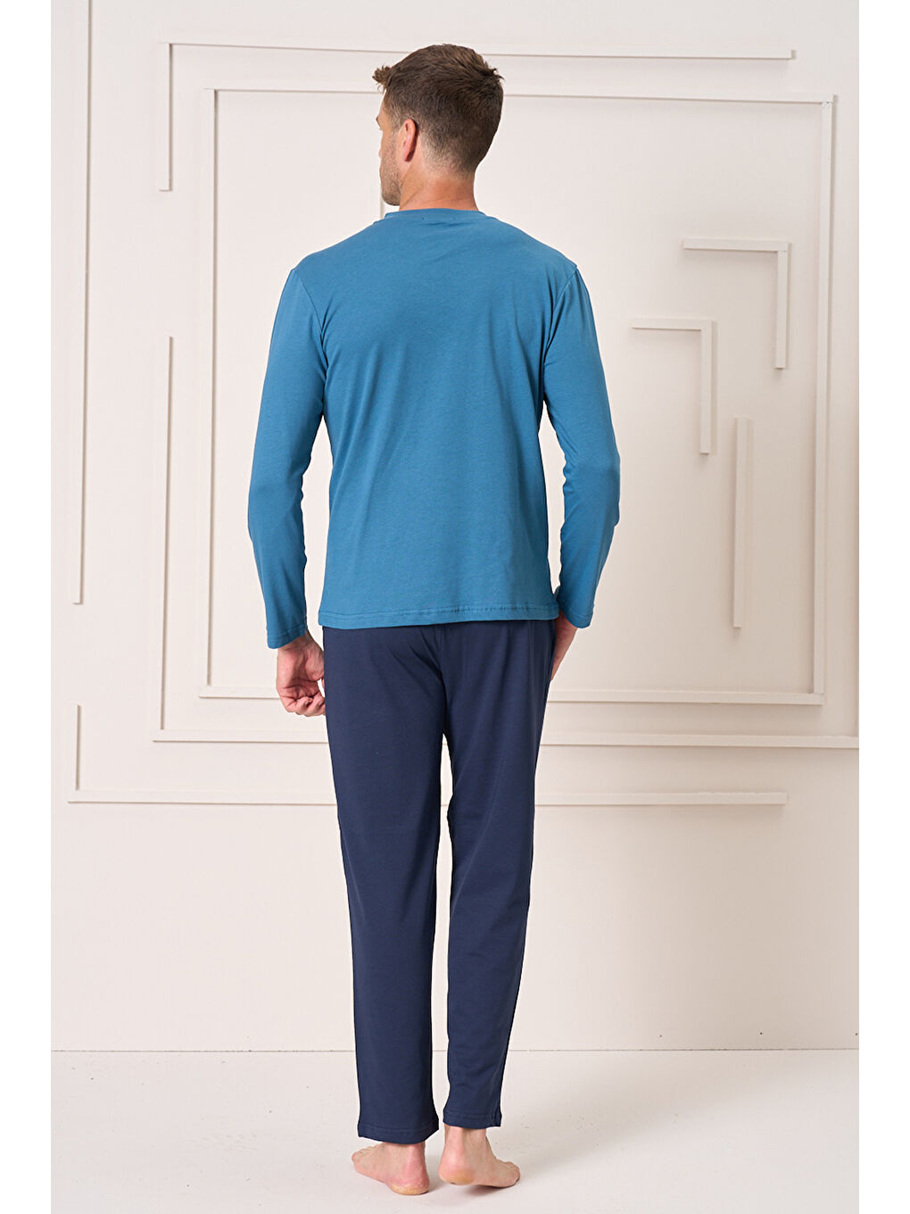 Erkek Pamuk Uzun Kol Pijama Takımı 4106 Petrol-1