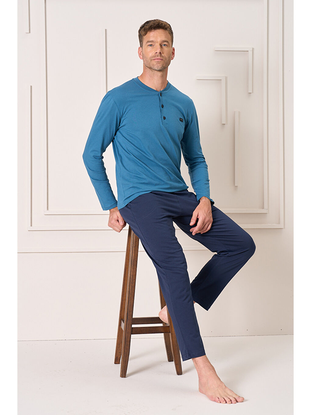 Erkek Pamuk Uzun Kol Pijama Takımı 4106 Petrol-2