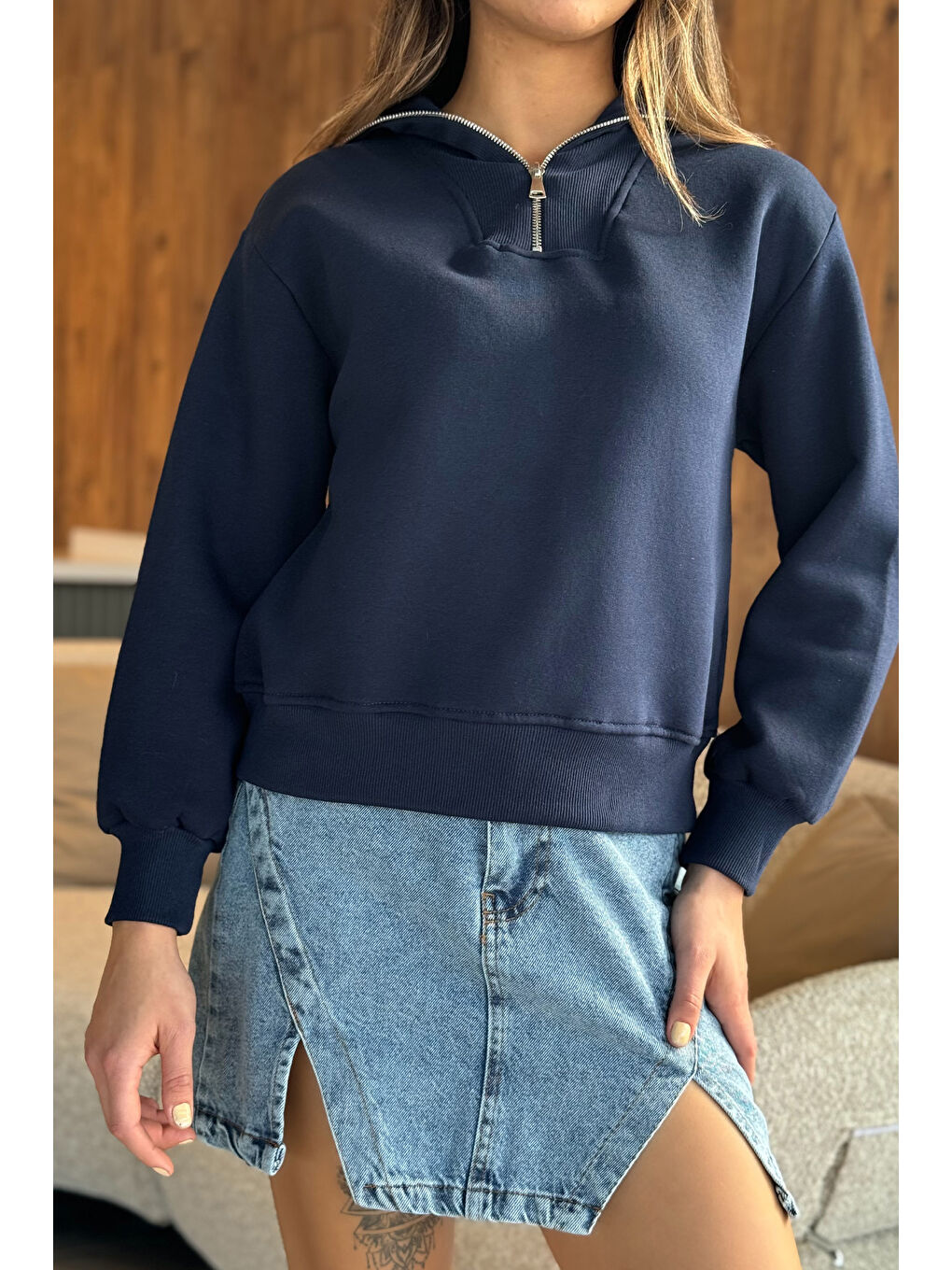 GÜLSELİ Lacivert Üç İplik Şardonlu Yarım Fermuarlı Kadın Sweatshirt - 2