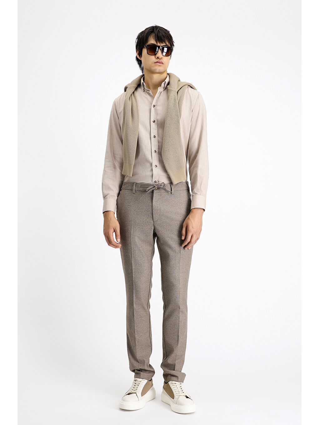 Kahverengi Super Slim Fit Ekstra Dar Kesim Beli Lastikli İpli Desenli Elastanlı Klasik Kumaş Pantolon