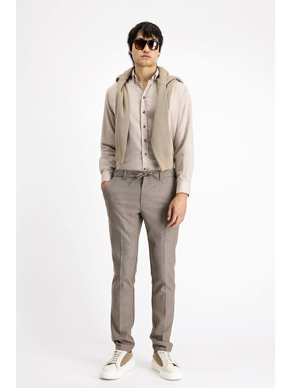 Kahverengi Super Slim Fit Ekstra Dar Kesim Beli Lastikli İpli Desenli Elastanlı Klasik Kumaş Pantolon-1