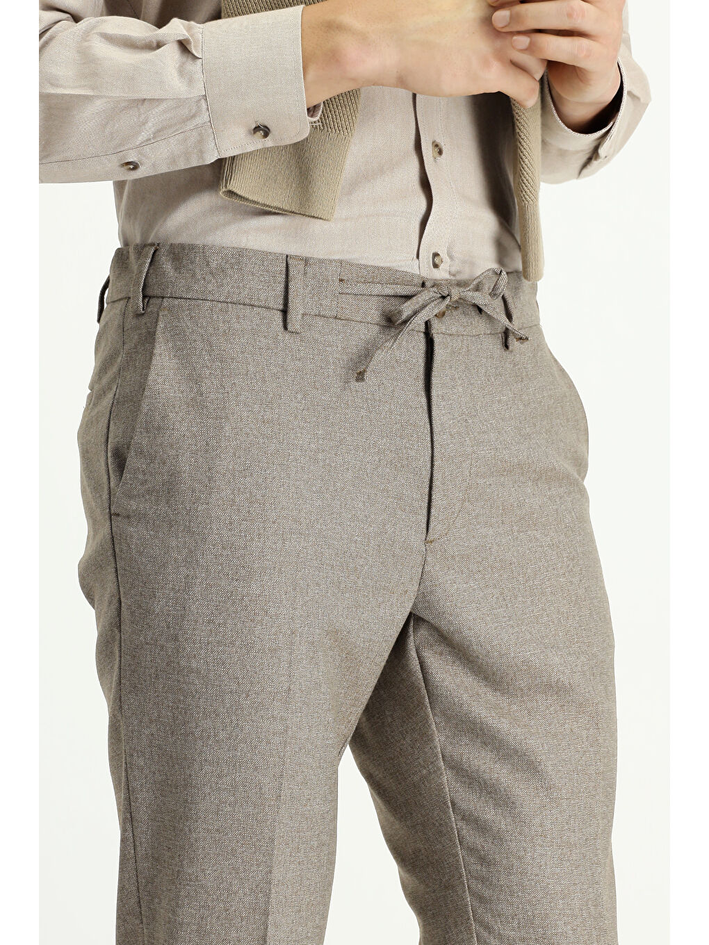 Kahverengi Super Slim Fit Ekstra Dar Kesim Beli Lastikli İpli Desenli Elastanlı Klasik Kumaş Pantolon-2