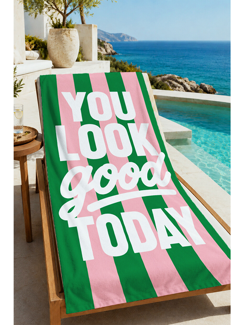 Pembe Pop Art You Look Good Today Çizgili Desenli 70x150 Plaj Havlusu - Dijital Baskılı Banyo Havlusu-4