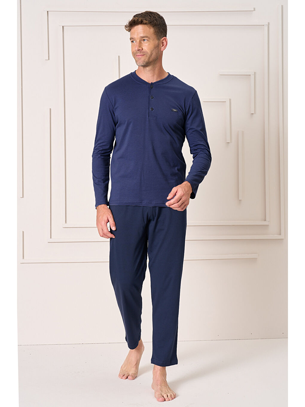 Erkek Pamuk Uzun Kol Pijama Takımı 4109 Lacivert-2