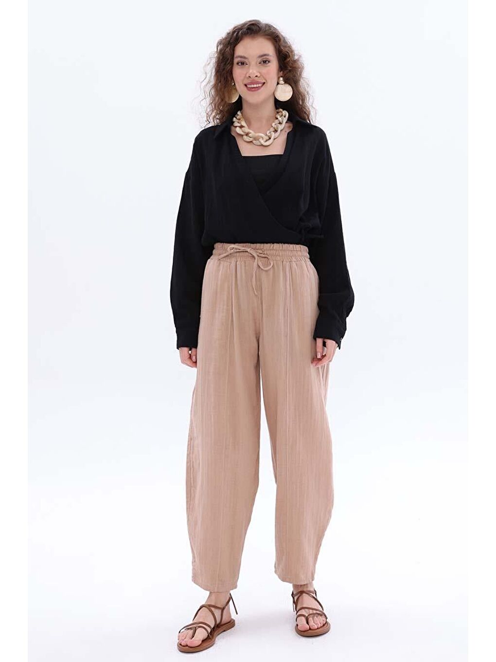 Bej Taş-%100 Pamuklu Cepli Müslin Pantolon-1