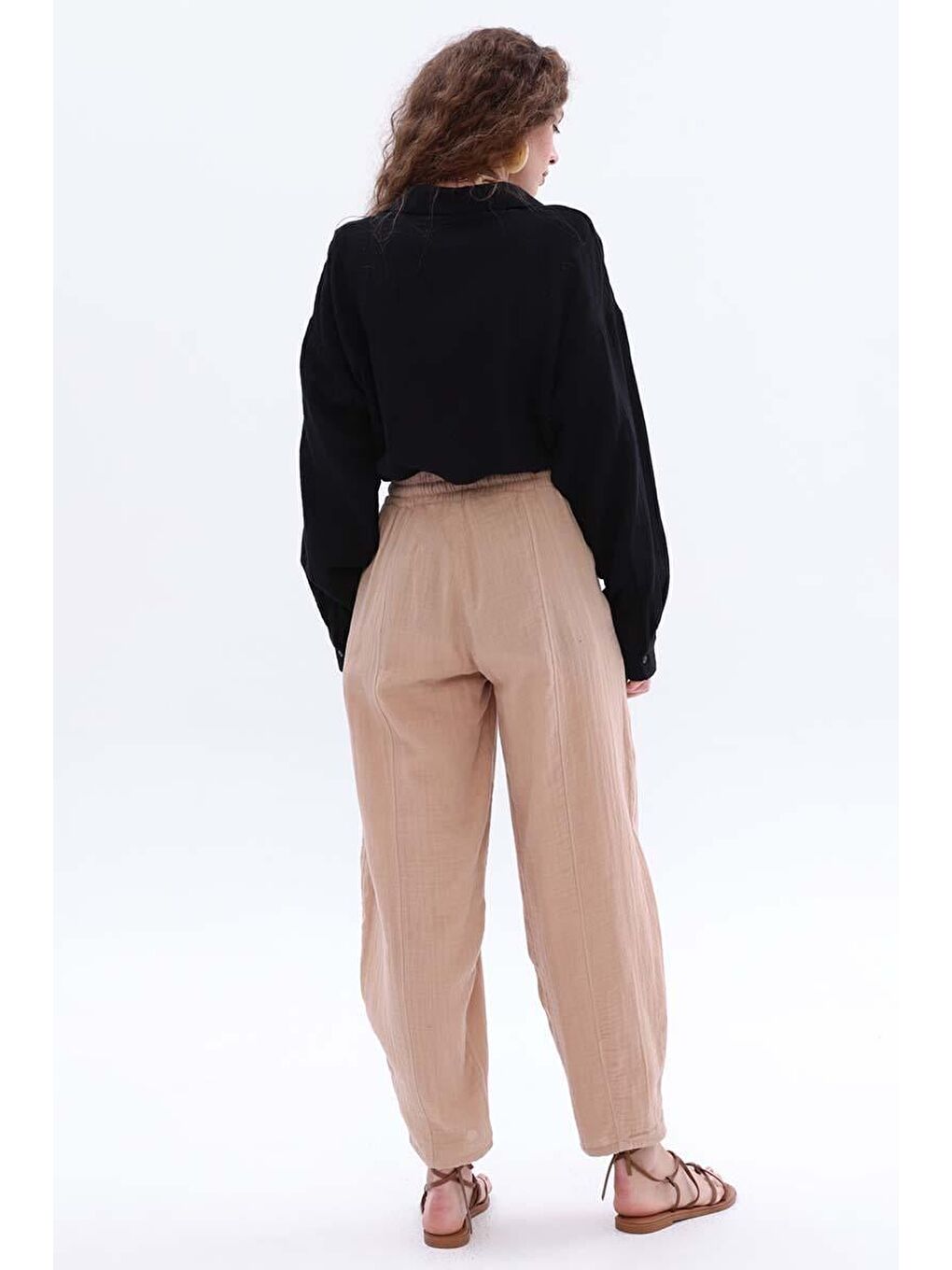 Bej Taş-%100 Pamuklu Cepli Müslin Pantolon-2