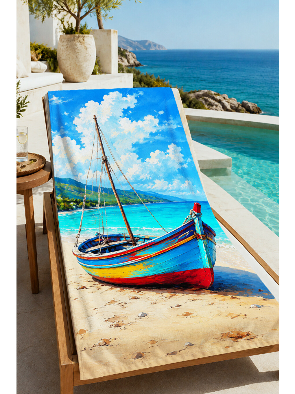 Mavi Fotogerçekçi Yelkenli Tekne Kumsal Ve Gökyüzü Desenli 70x150 Plaj Havlusu - Pamuklu Banyo Havlusu-3
