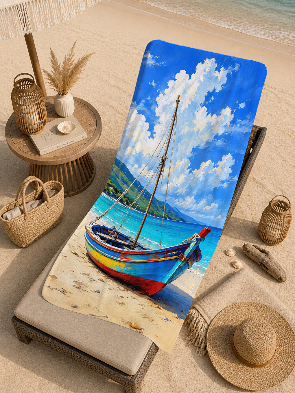 Mavi Fotogerçekçi Yelkenli Tekne Kumsal Ve Gökyüzü Desenli 70x150 Plaj Havlusu - Pamuklu Banyo Havlusu-4