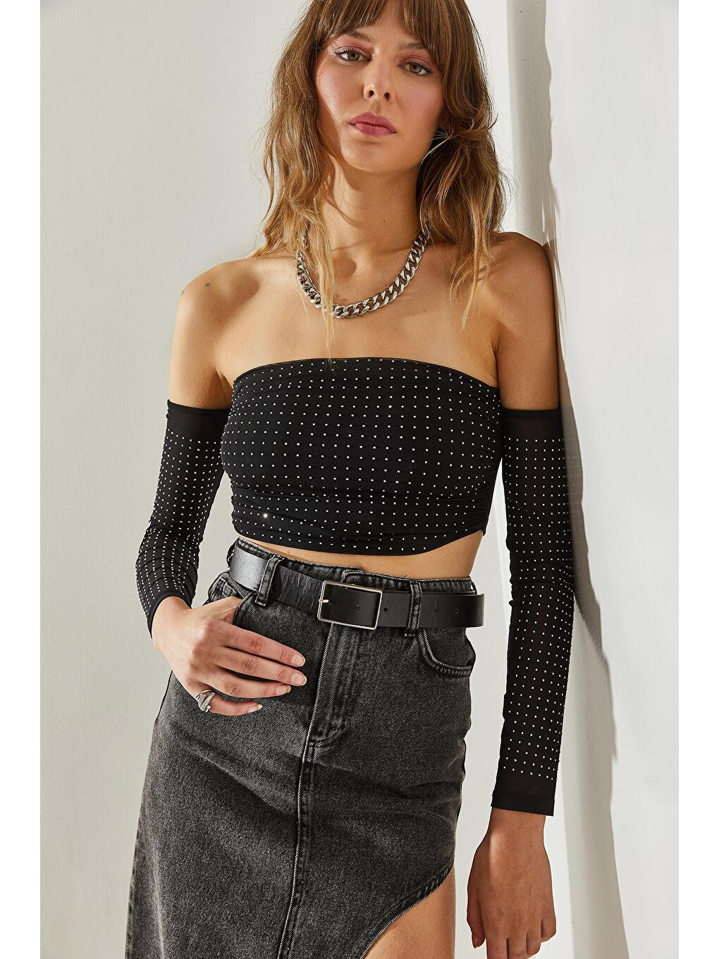 Siyah Kadın Taş Detaylı Tül Bluz