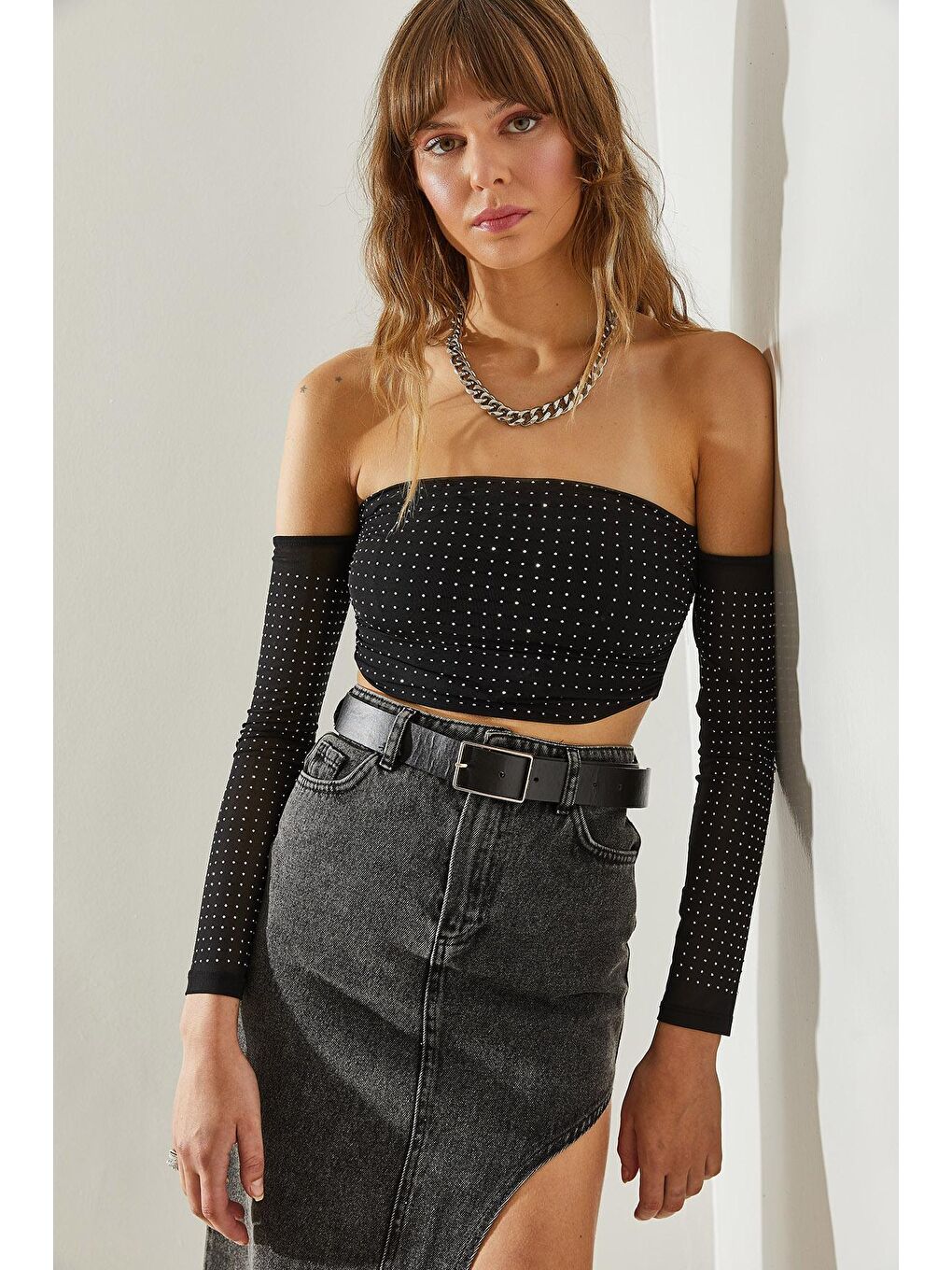 Siyah Kadın Taş Detaylı Tül Bluz-1