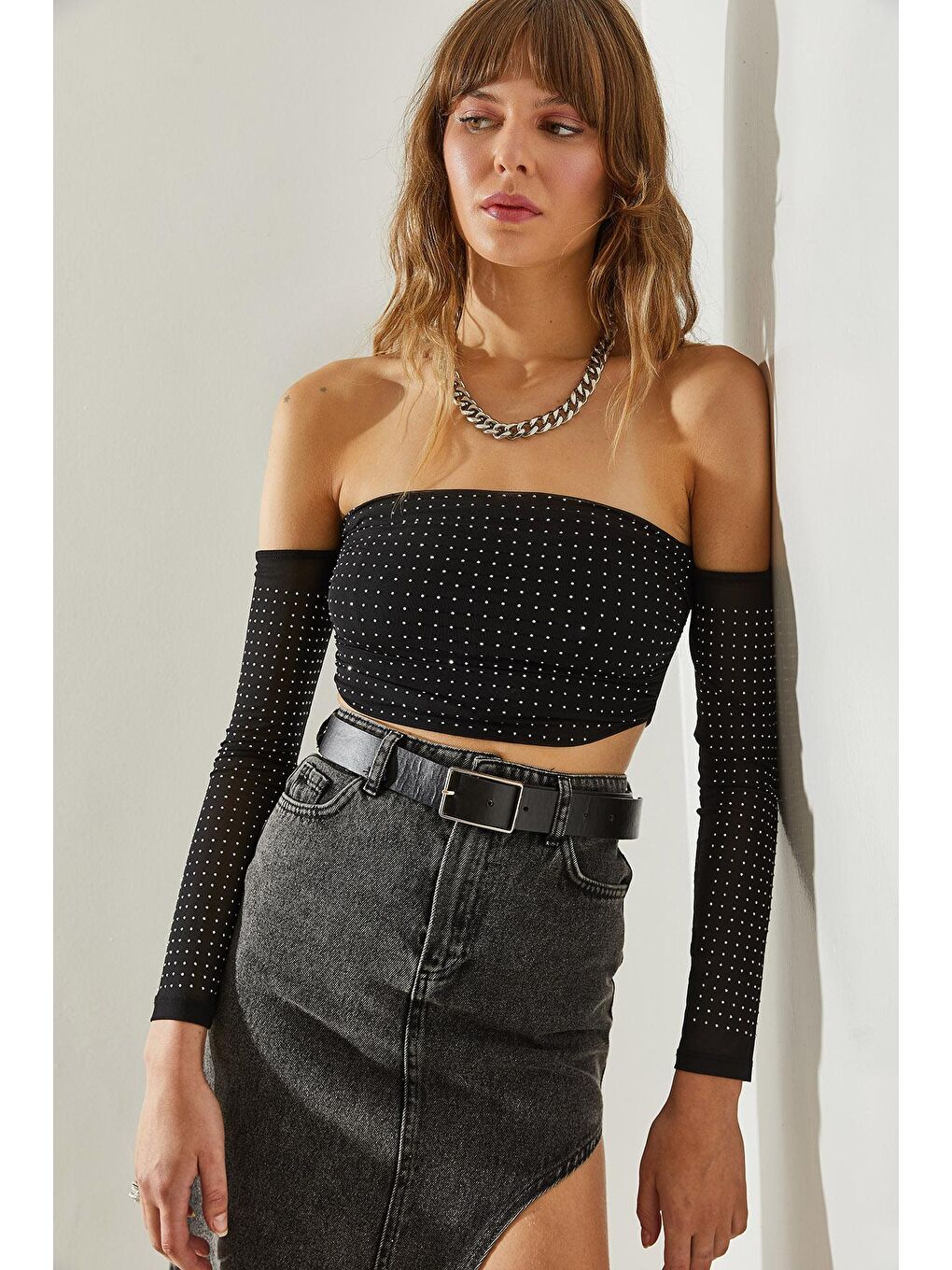 Siyah Kadın Taş Detaylı Tül Bluz-2