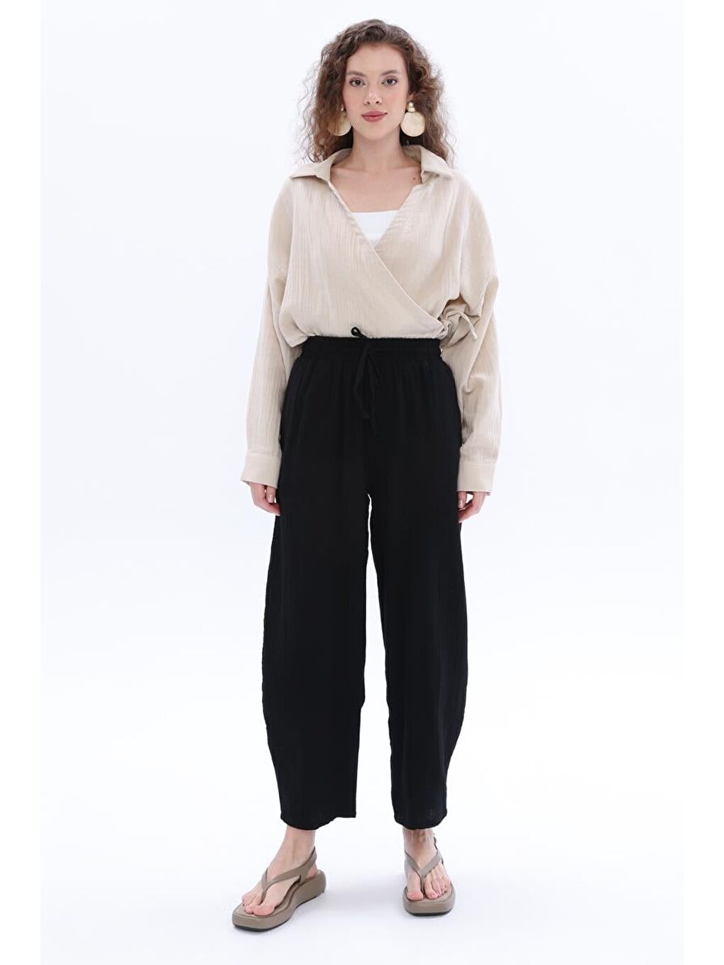Siyah-%100 Pamuklu Cepli Müslin Pantolon-1