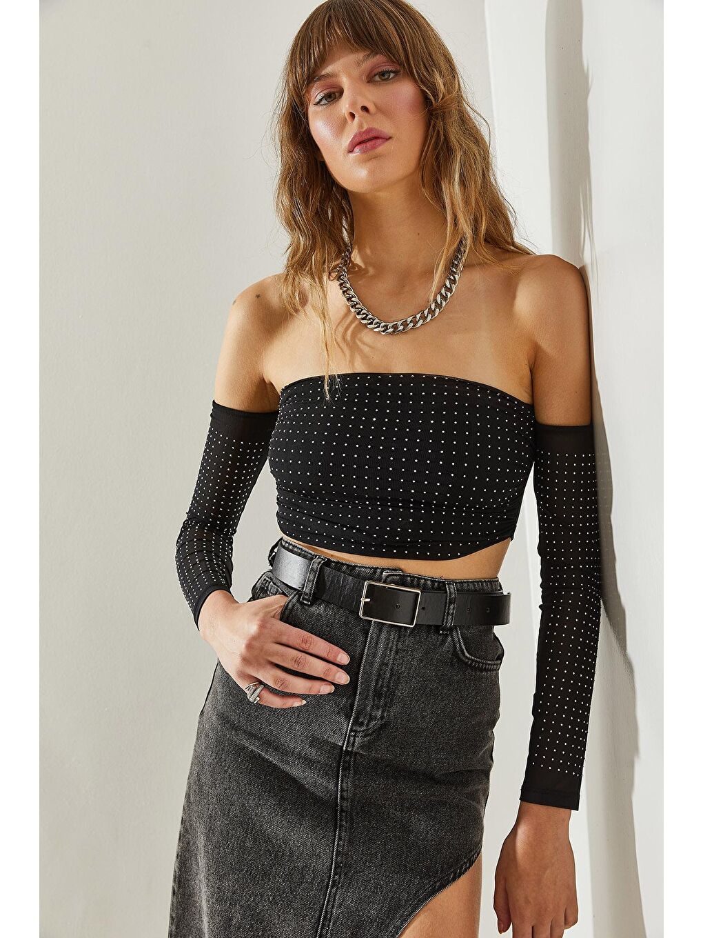 Siyah Kadın Taş Detaylı Tül Bluz-3