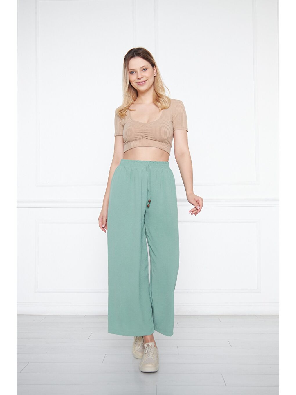 Turkuaz Kadın Aerobin Geniş Paça Palazzo Bel Lastikli Pantolon