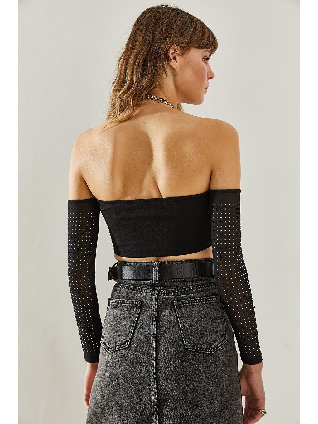 Siyah Kadın Taş Detaylı Tül Bluz-4