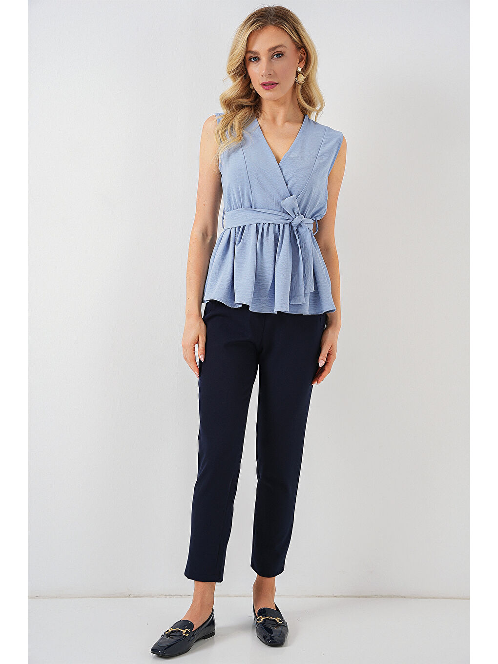 Kadın Kruvaze Yaka Kolsuz Bluz 966 - Mavi-1