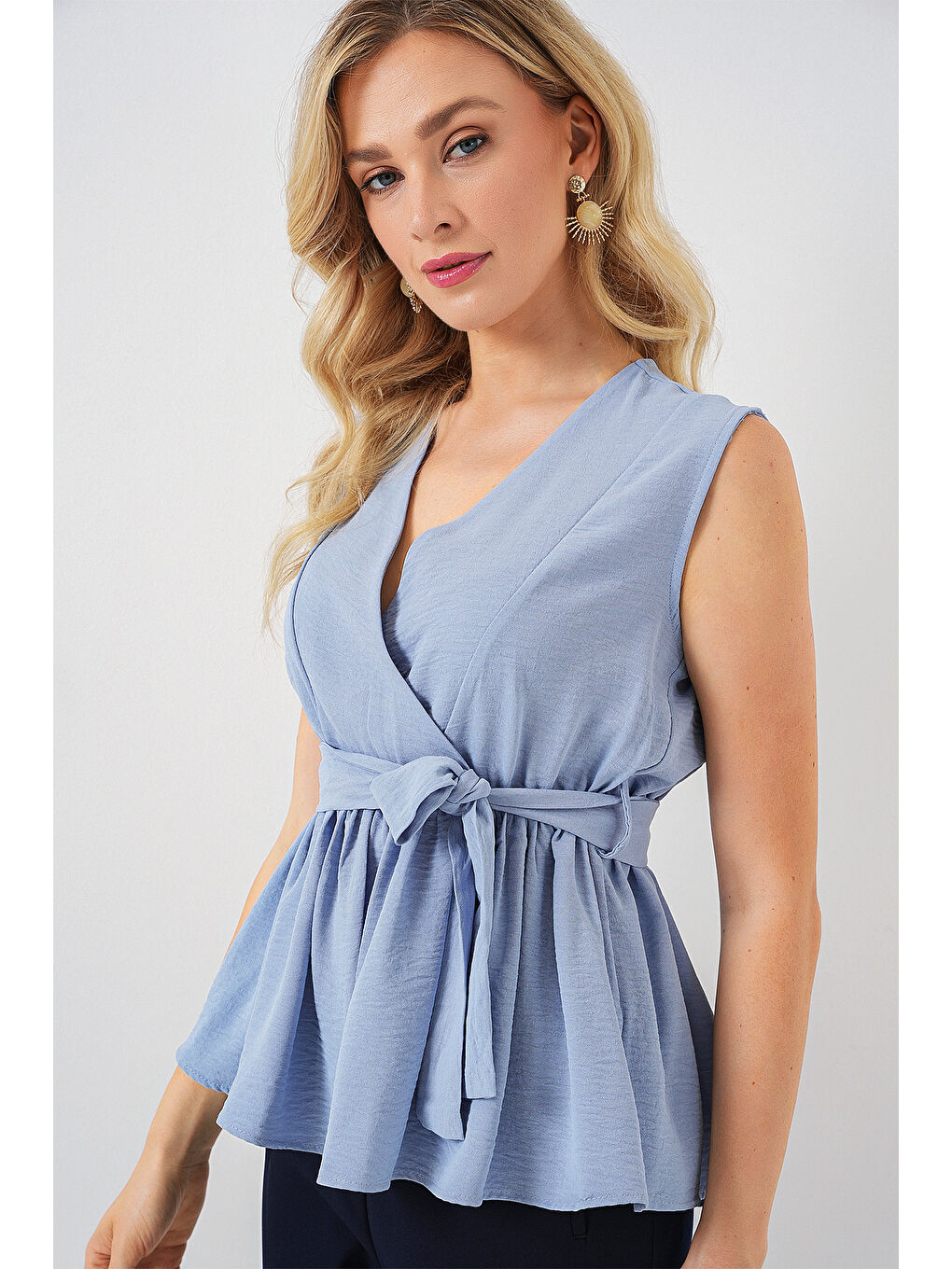 Kadın Kruvaze Yaka Kolsuz Bluz 966 - Mavi-2