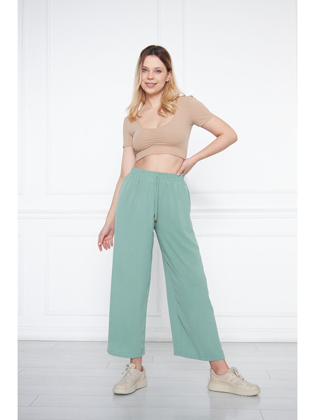 Turkuaz Kadın Aerobin Geniş Paça Palazzo Bel Lastikli Pantolon-1