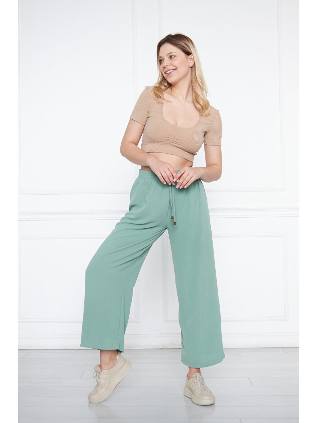 Turkuaz Kadın Aerobin Geniş Paça Palazzo Bel Lastikli Pantolon-2