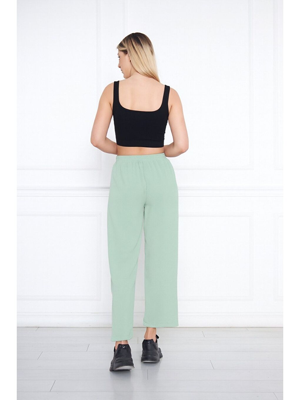 Yeşil Kadın Aerobin Geniş Paça Palazzo Bel Lastikli Pantolon-2