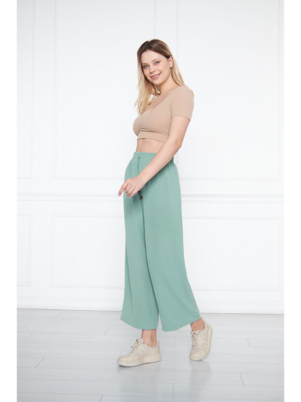 Turkuaz Kadın Aerobin Geniş Paça Palazzo Bel Lastikli Pantolon-3