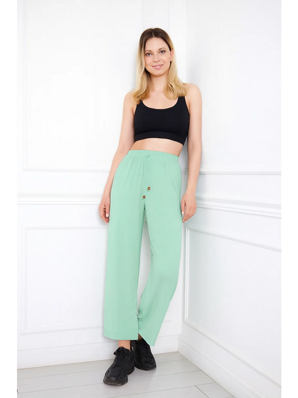 Yeşil Kadın Aerobin Geniş Paça Palazzo Bel Lastikli Pantolon-3