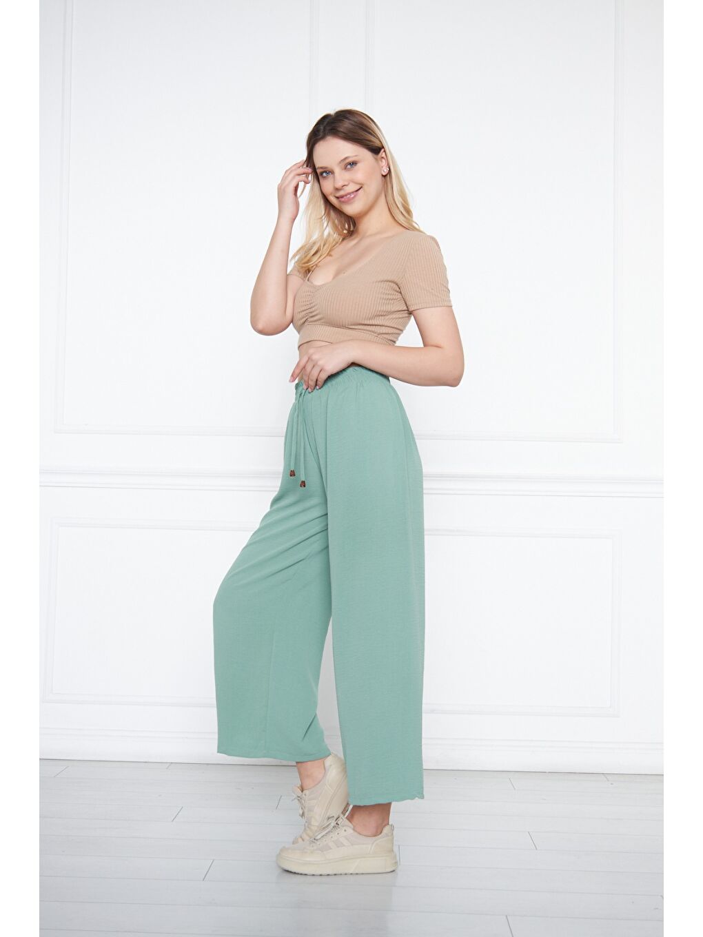 Turkuaz Kadın Aerobin Geniş Paça Palazzo Bel Lastikli Pantolon-4