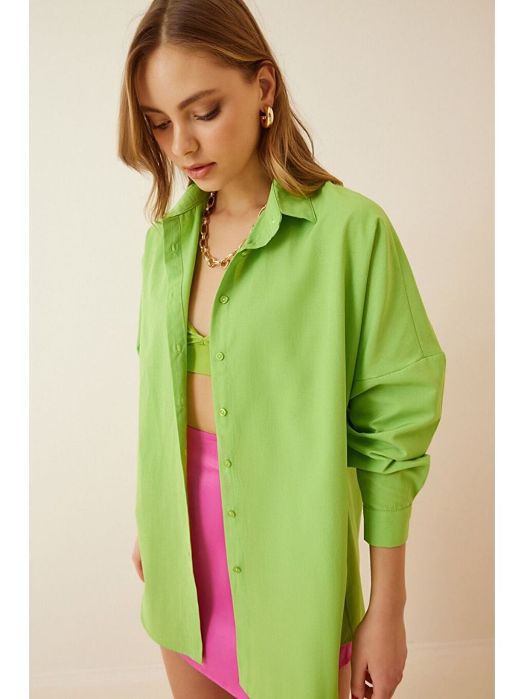 Kadın Oversize Uzun Kollu Basic Yazlık A.Yeşil Gömlek-1